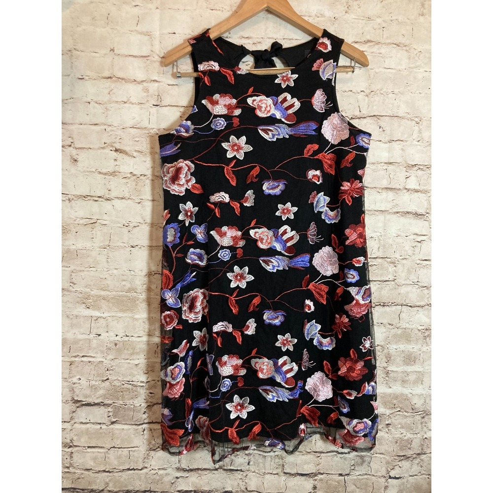 Beige By ECI Dress Womens Medium Dark Romantic Embroidered Overlay Floral Tie